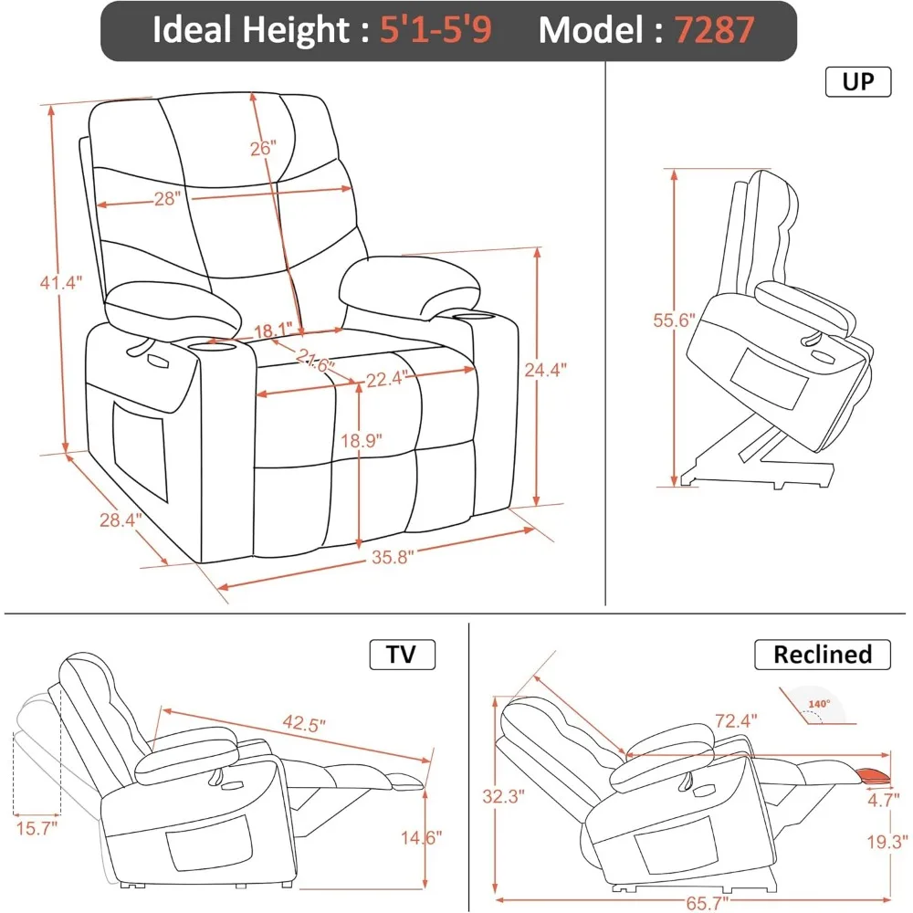 Fauteuil Inclinable Power Lift avec Repose-Pieds Arc-en-Ciel pour ElmainPeople, Tissu 7287 Marron Moyen-Régulier