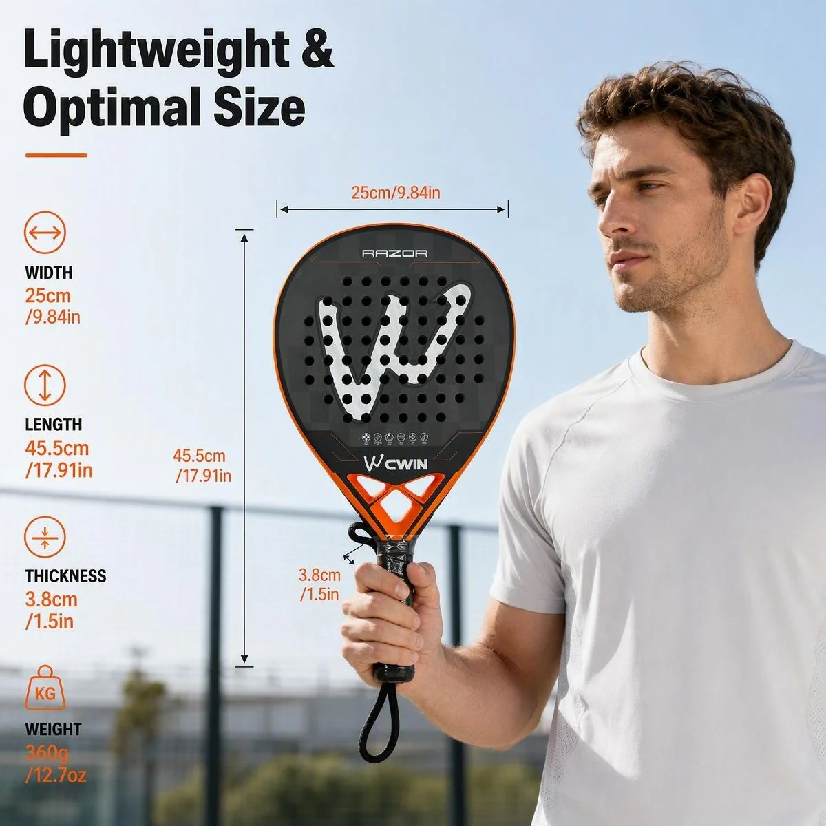 CWIN 24K Carbon Fiber Material Padel Racket With Black EVA Soft Core Power Precision Paddle with Carry Bag Elite Series