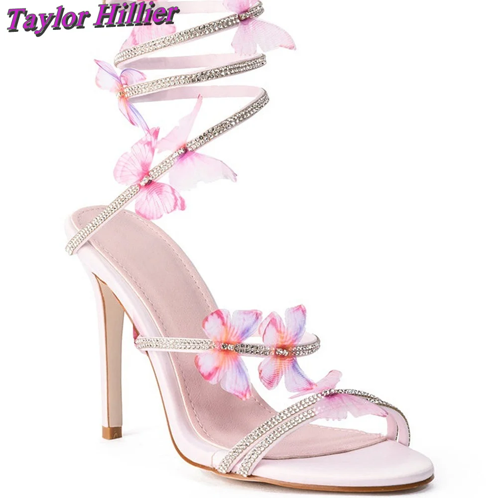 Pink Butterfly Strappy Sandals Open Toe Rhinestones Stiletto luxury New High Heel Glittering Dress Party Summer Women's Shoes