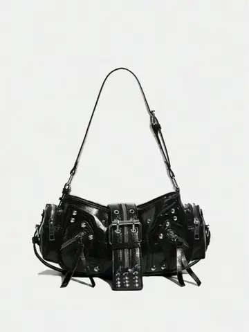 Vintage Y2K Oil-Wax Leather Motorcycle Bag, Cyberpunk Gothic Punk Crossbody Shoulder Purse