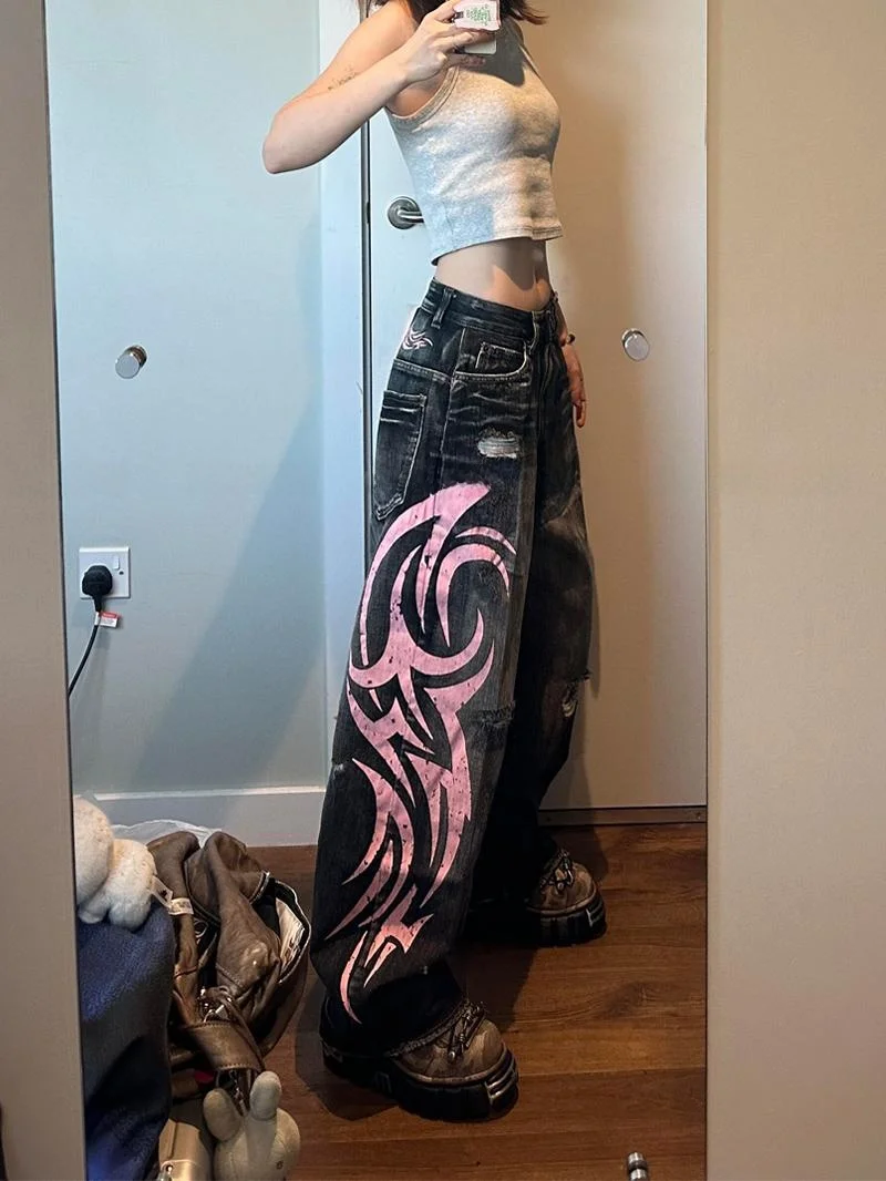 

Американские широкие джинсы с принтом High Street Color Blo Blade, женские летние новые брюки длиной до пола с пикантным дизайном