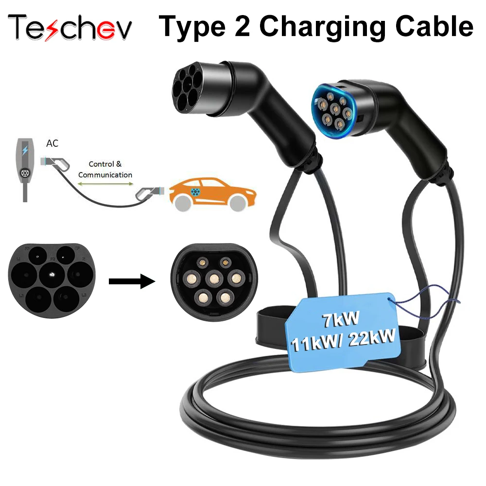 

Teschev 16A/32A EV/PHEV Charging Cable 11kW / 22kW / 7kW Type 2 Hybrid Auto Cable Fast Charging Compatible for Electric Vehicles