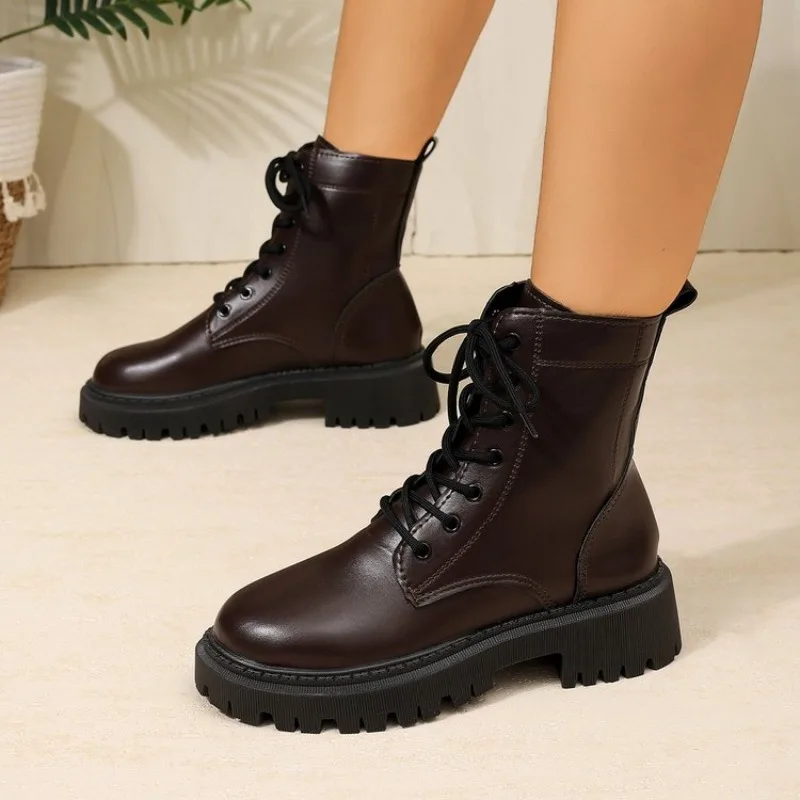 Women Lace Up Combat Ankle Boots PU Leather Chunky Lug Sole Round Toe Casual Winter Daily Shoes