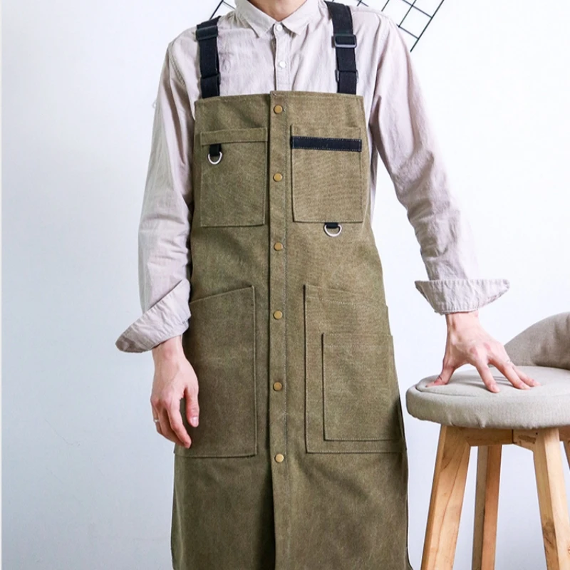 Thickened Canvas Work Apron with Multifunctional Pockets Outdoor Repair Machine Tool Waterproof Long Apron