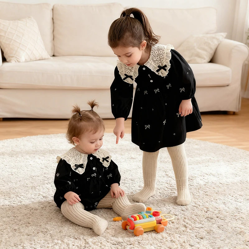 2026 Neues Frühlings-Schwesterkleid für Kinder, Baby-Mädchen-Printkleid 0-24M, Baby-Mädchen-Party-Strampler 2-6J, Langärmeliges Baumwoll-Stickerei-Kleid