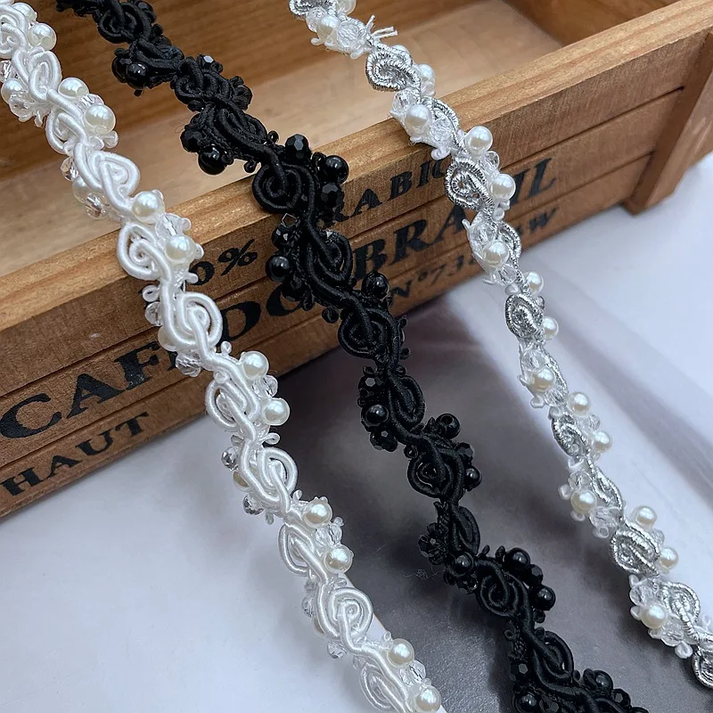 1y Pearl Beaded Lace Trim Crystal Braid Ribbon DIY Collar Sewing Garment Belt Wedding Dress Braided Lace Materials White Black