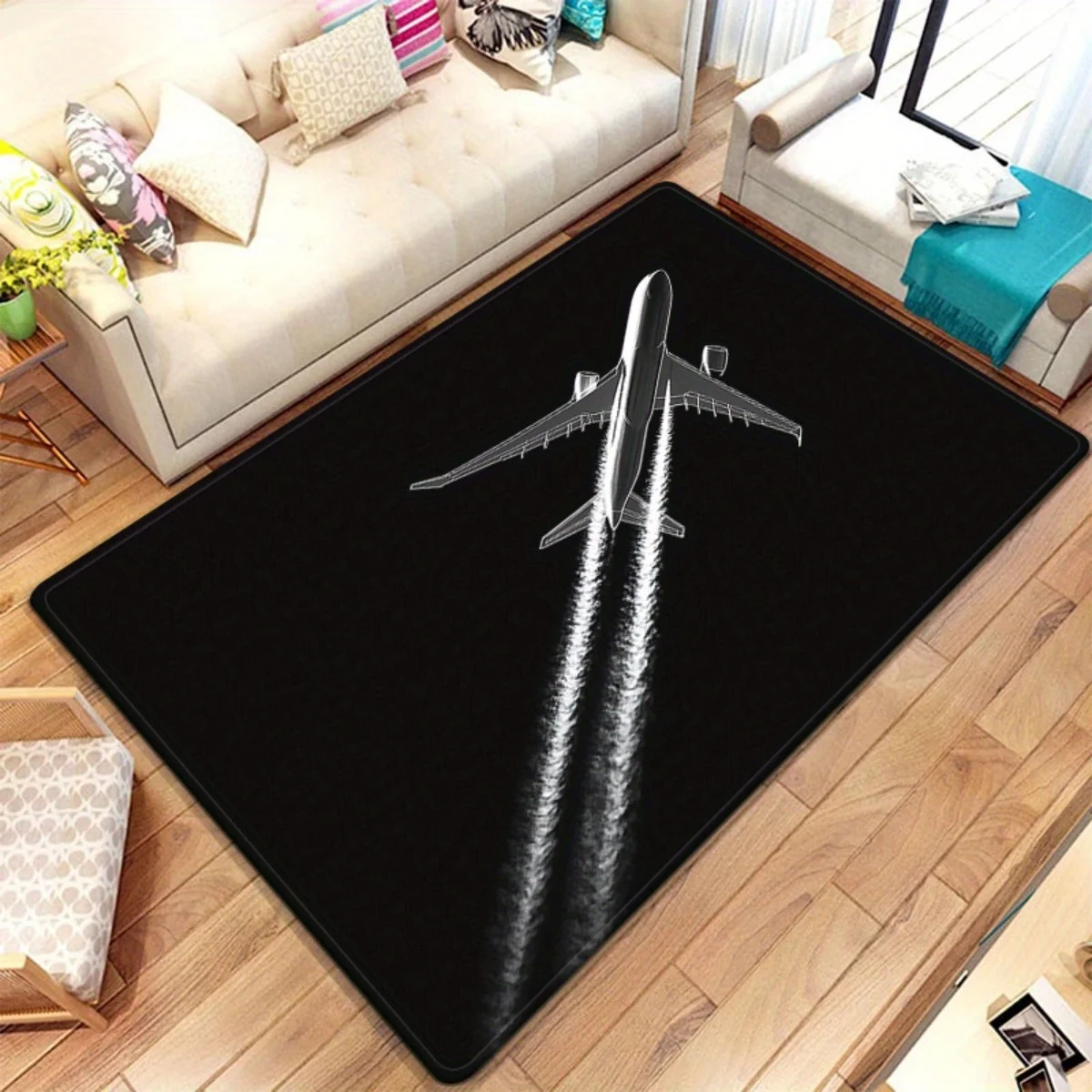 1pc 2D Flat Rectangular Floor Mat, Airplane in Flight HD Printed Rug, Home Decor, Suitable for Living Room, Kitchen, Table