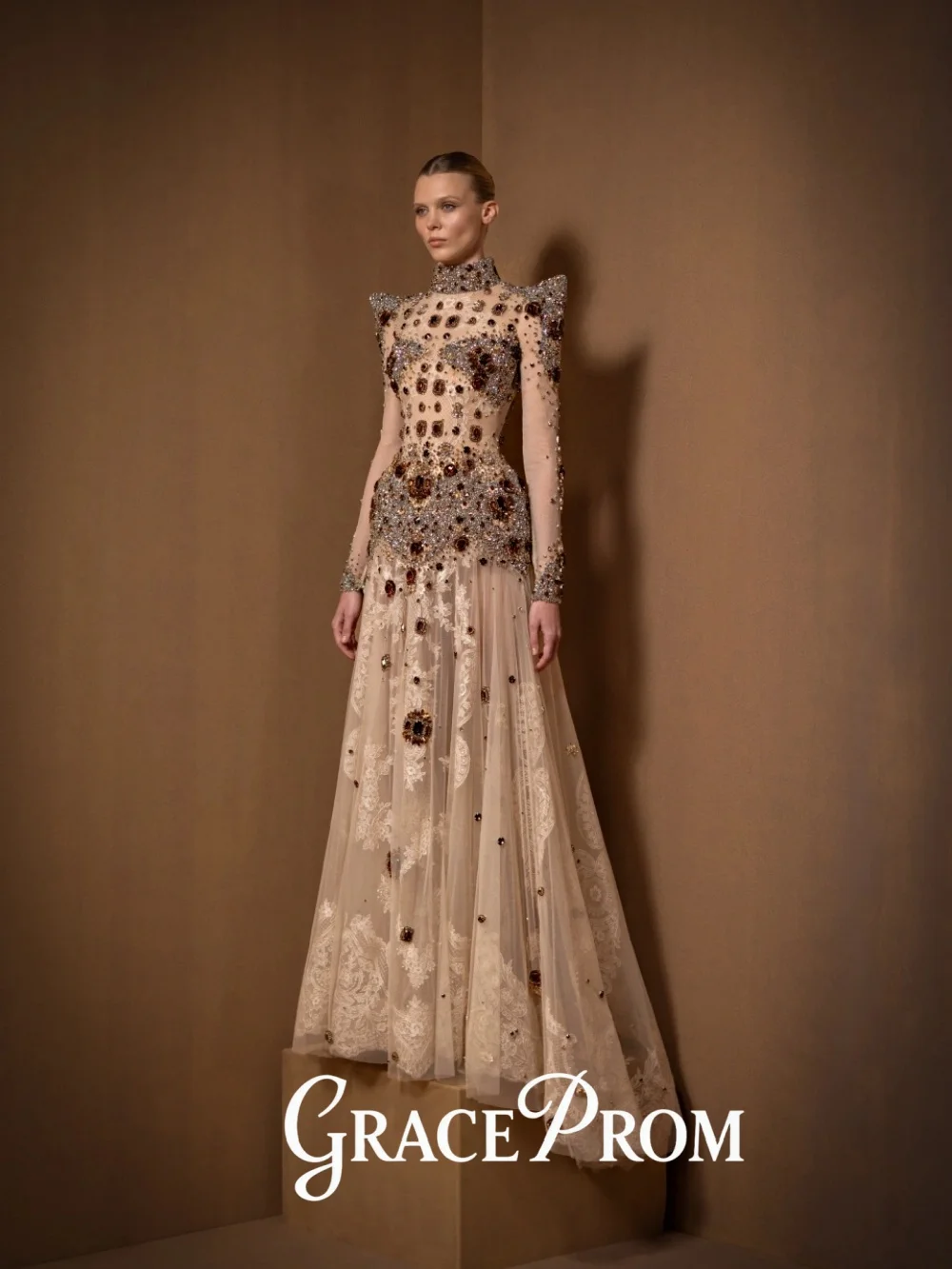 

GraceProm Graceful Crystal Evening Dress 2026 Sheer-Mesh Lace Carpet Gown Trendy A-Line Floor-Length Party Gown فساتين س