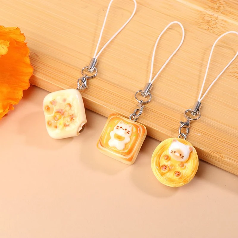 

3pcs Japanese Style Cute Cat Bread Phone Chain Creative Charms Kitten Toast Keychains Anti-lost Lanyard Universal Phone Lanyard