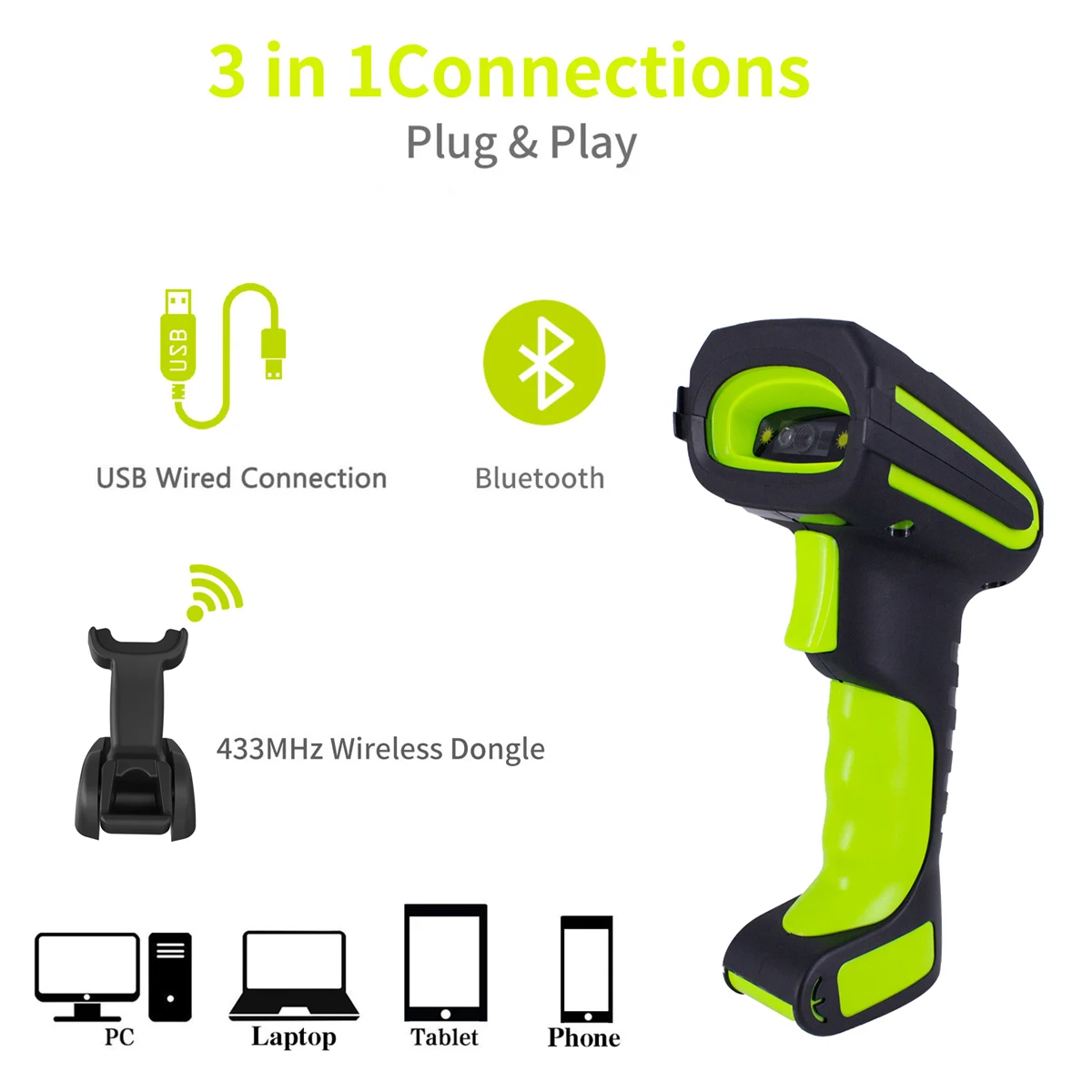 1D/2D 433MHz Wireless Bluetooth Industrial Handsfree Barcode Scanner 2625 Feet Transmission Distance with Cordless Charge Base