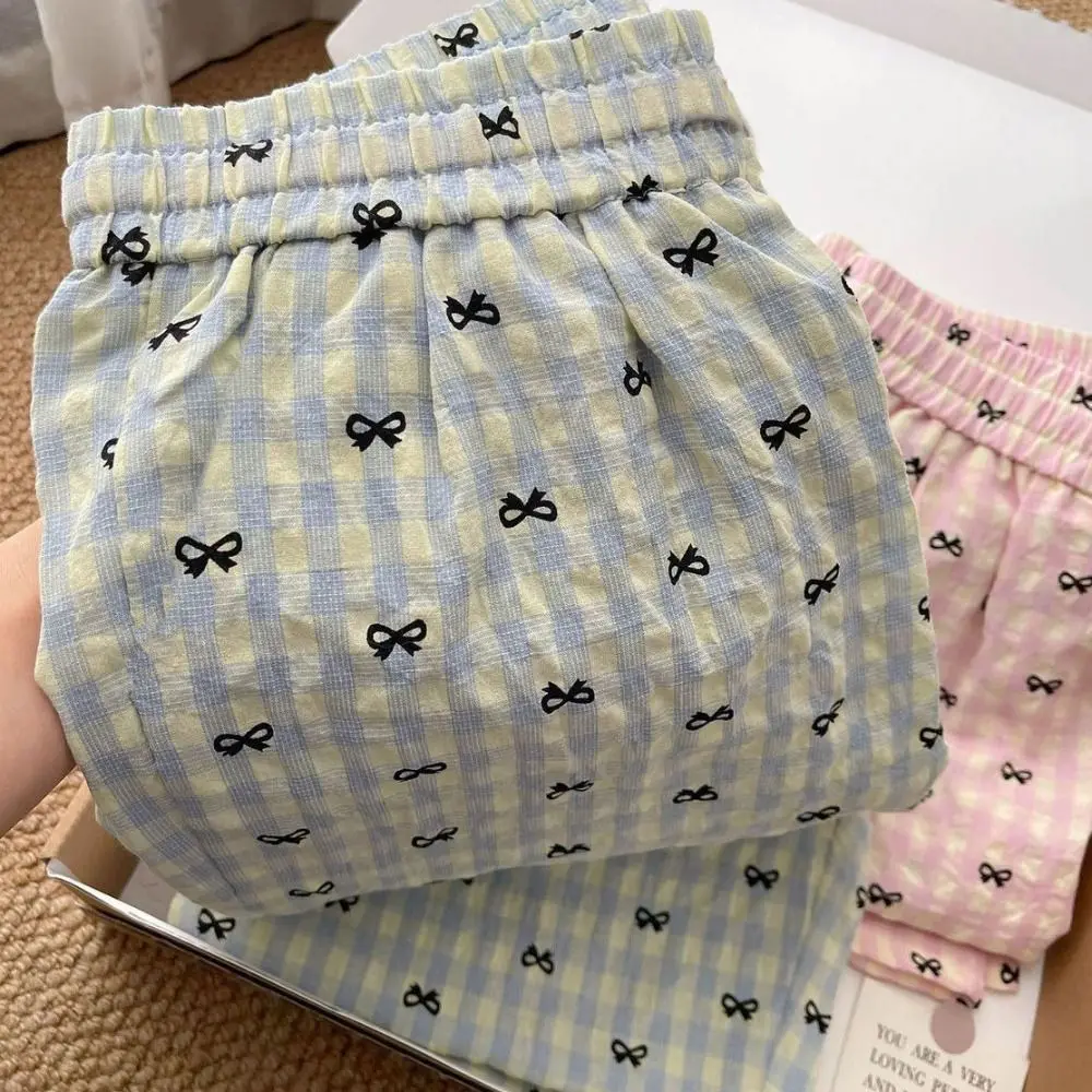 مريحة شريط منقوشة Bowknot بنطلون بيجاما الحلو القوس ملابس خاصة السراويل النساء Homewear رقيقة بناطيل كاجوال ربيع الخريف
