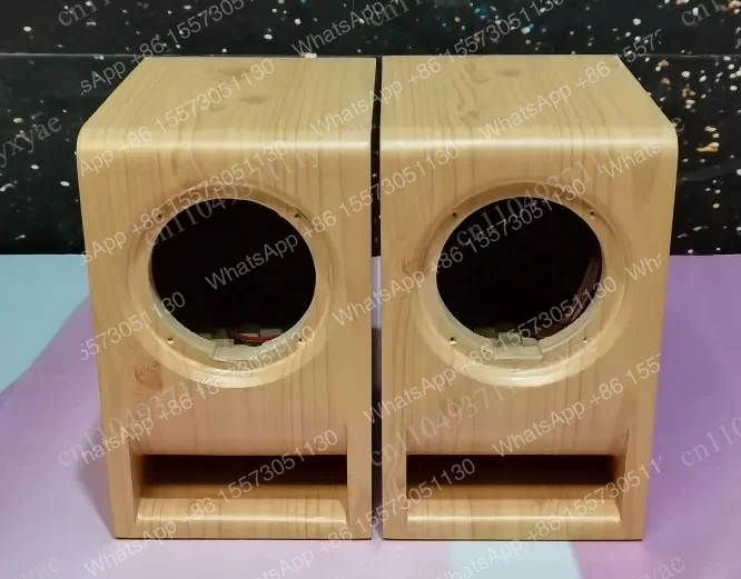 Wooden speakers, computer desktop empty box, bookshelf, a pair of stereos
