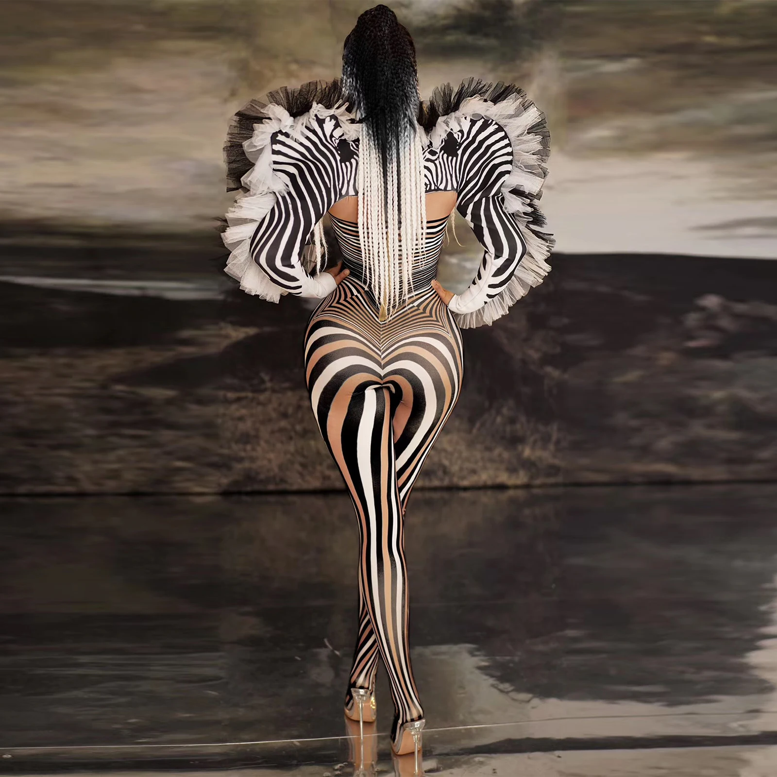 퍼포먼스 쇼 의상 패션 스트라이프 얼룩말 무늬 점프수트 여성 가수 섹시 무대 의상 바 DS 댄스 코스프레 바디수트