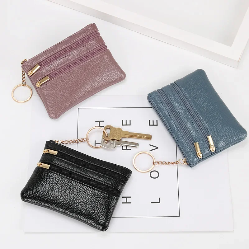 New Three Layer Pocket Little Coin Purse PU Leather Short Wallet Mini Purse Men Women Key Wallet Card Holder Zip with Key Ring