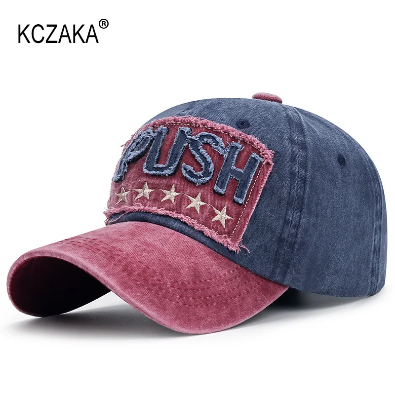 Mens Washed Cotton Baseball Cap Spring Retro PUSH Letter Embroidery Snapback Caps for Women Patch Trucker Dad Hats