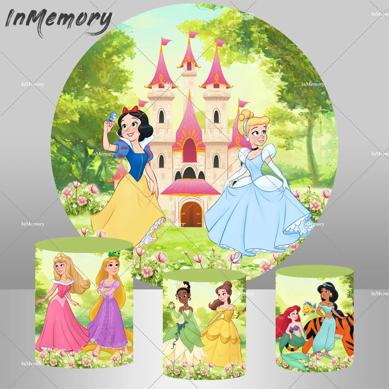 Cartoon Castle Baby Princess Circle Round Backdrop Cover for Kids Birthday Baby Shower Party Decoration Photo Background Studio