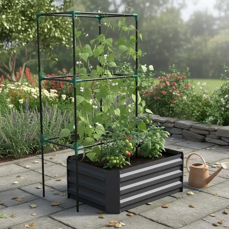 

Raised Garden Bed with Trellis, Planter Box with Trellis Support, Open Bottom, Weather-Resistant, 61 cm X 61 cm X 140 Cm, Dark Gray