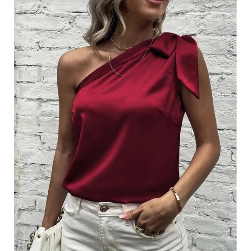 Office Lady Elegant Fashion Skew Collar Bow Lacing Shirt Summer New 2022 Sleeveeless Casual Pullover Tops Commute Blouse Femme