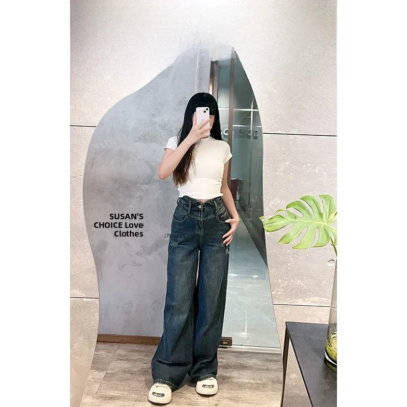 

Susan Commute Fashion High Waist Wide Leg Jeans Casual Versatile Initial Autumn Hole Denim Slimming Long Pants