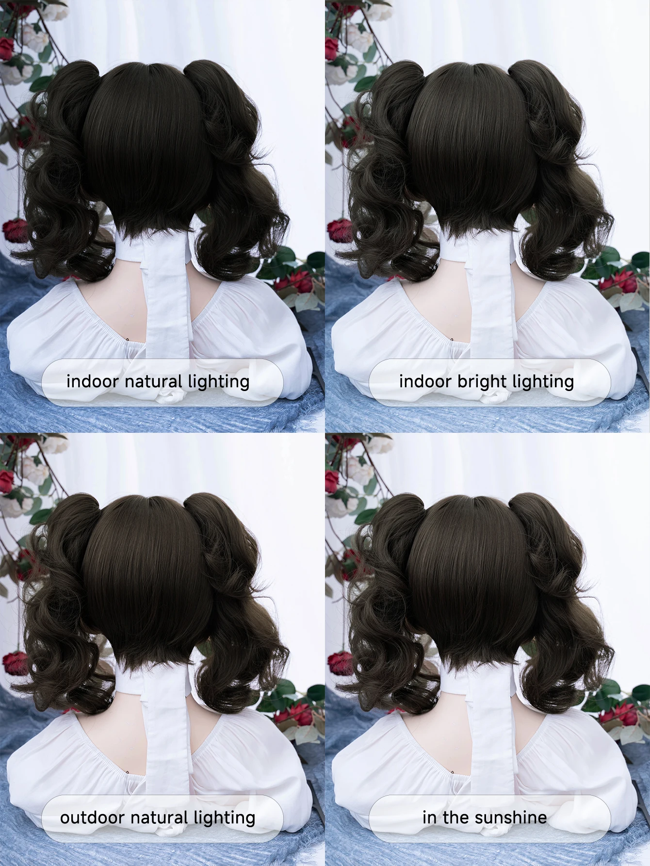 12Inch Lolita Cool Brown Synthetic Wigs With Bangs And Double Ponytails Short Curly Hair Wig For Women Daily Use Heat Resistant