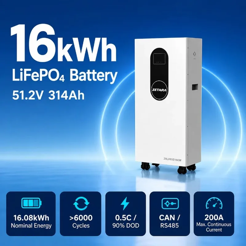 Long Life 15 Years 16kWh Energy Storage Battery 51.2V 314Ah Wall Mounted LiFePO4 Battery Pack For Home Power Backup System