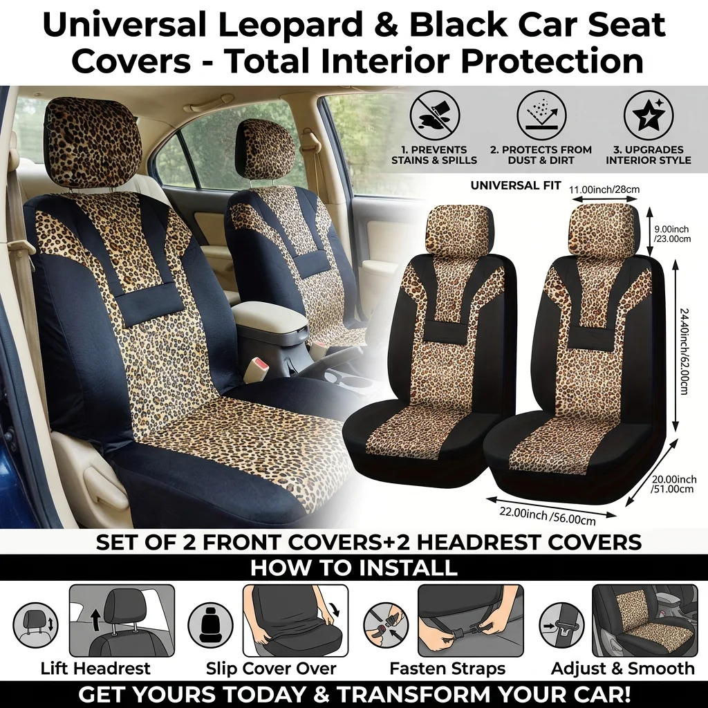 

Чехлы на автомобильные сиденья с леопардовым принтом, универсальные, из мягкого материала, с толстым поролоновым наполнителем, совместимые с подушками безопасности, для внедорожников, грузовиков, фургонов