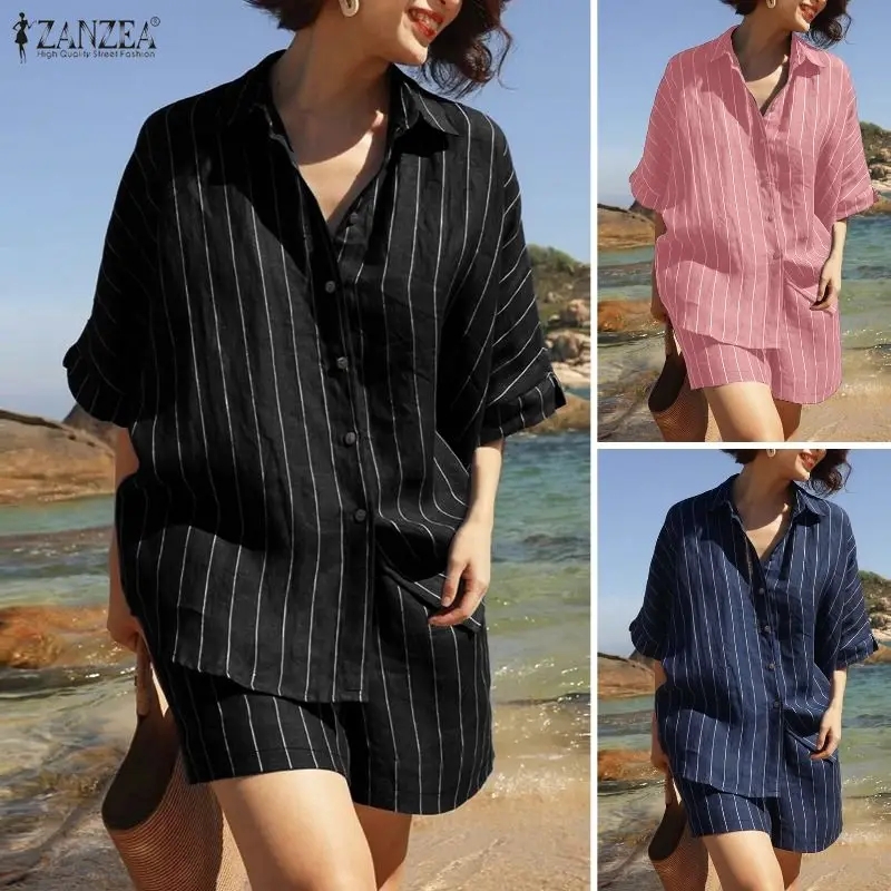 

ZANZEA Summer Women 2 Pieces Sets Casual Striped Tracksuit Fashion Short Sleeve Lapel Neck Shirt Short Sets 2026 Holiday Outfits