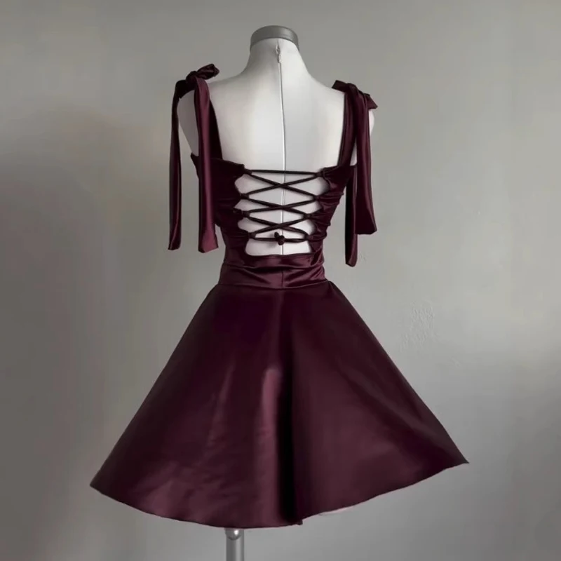 Abito da sera da donna sexy in raso bordeaux con lacci e papillon, mini abito da festa sottile a trapezio, eleganti abiti con cinturino per spaghetti senza schienale