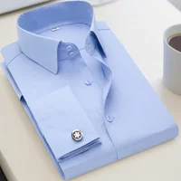 Camisa con gemelos franceses para hombre, camisa formal de color sólido de negocios sin uñas de manga larga ajustada para hombre