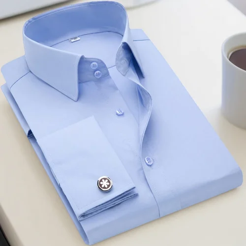 Camisa con gemelos franceses para hombre, camisa formal de color sólido de negocios sin uñas de manga larga ajustada para hombre