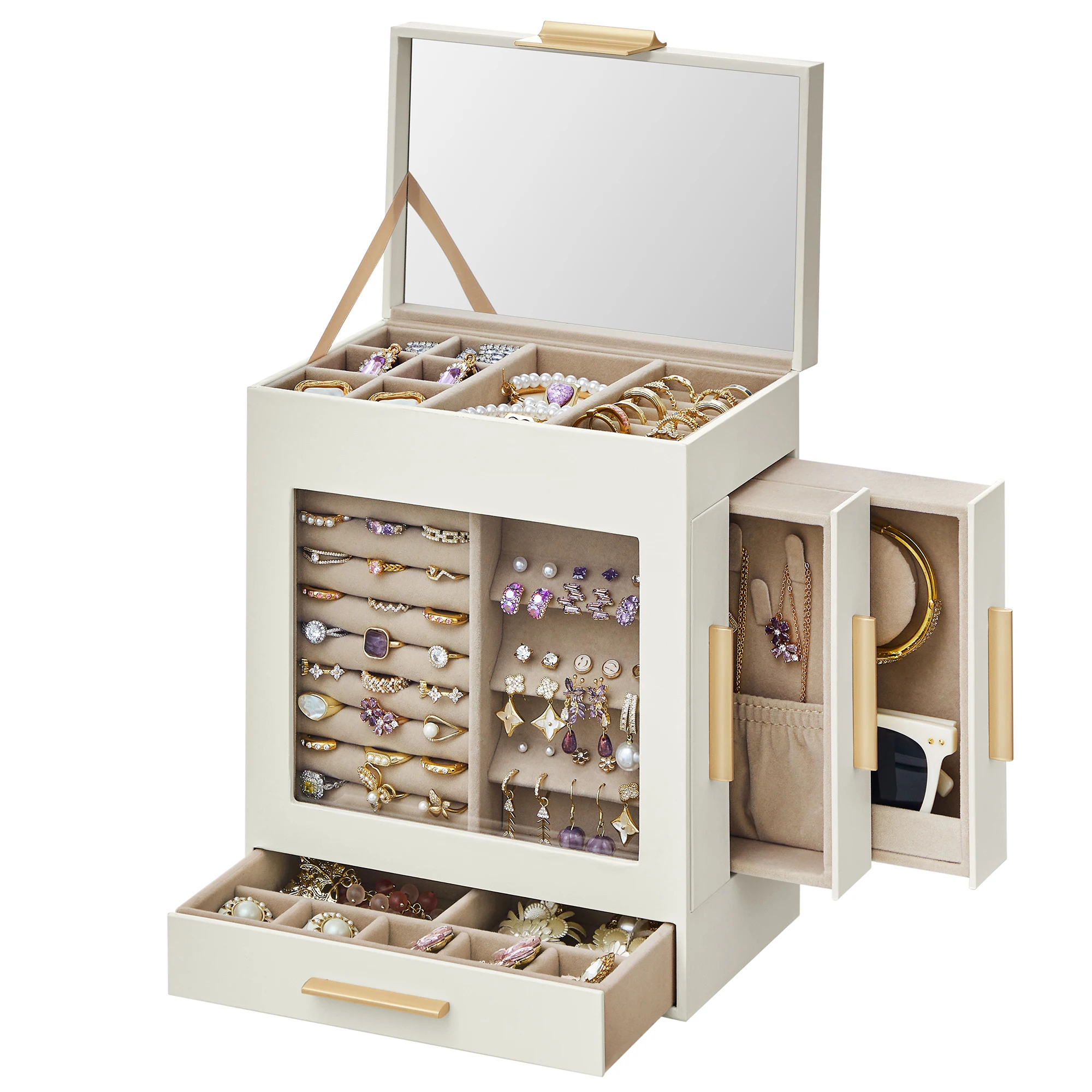 SONGMICS Jewelry Box with Glass Window, 5-Layer Jewelry Organizer with 3 Side Drawers, Jewelry Storage, with Big Mirror