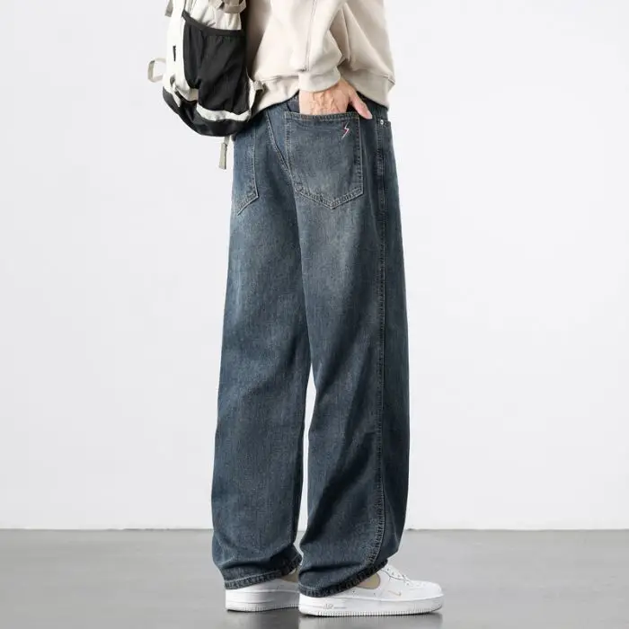 Celana Jeans Pria Lurus Longgar Musim Gugur Celana Denim Dicuci Antik Klasik Pakaian Jalanan Trendi Celana Panjang Lebar Korea Kasual