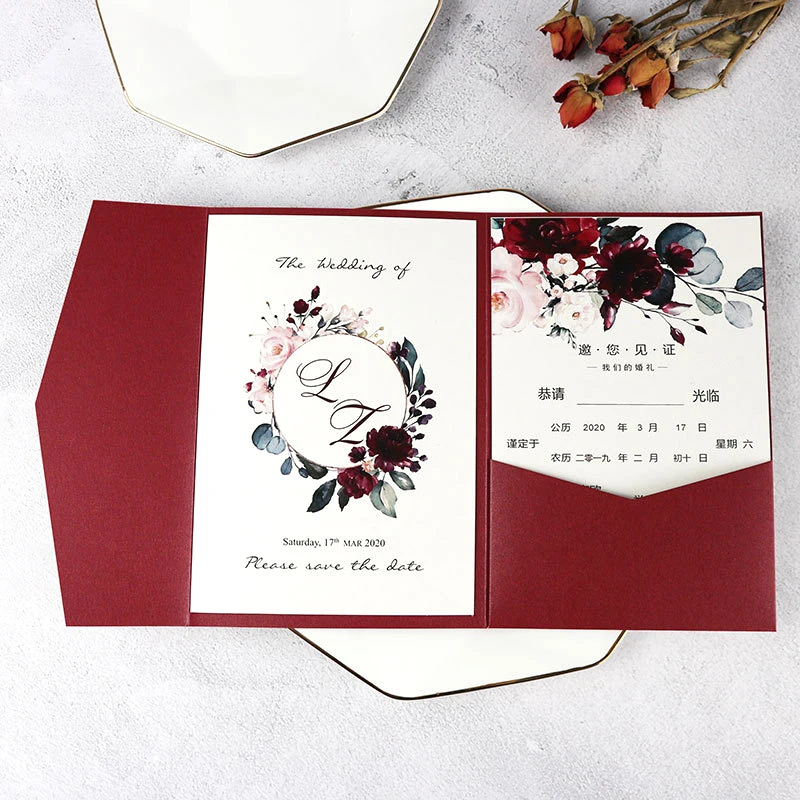 50 pieces Overseas Chinese Customized Print Red Wedding Invitation Tri-fold Pocket Engagement Marriage Quinceanera XV Card IC160