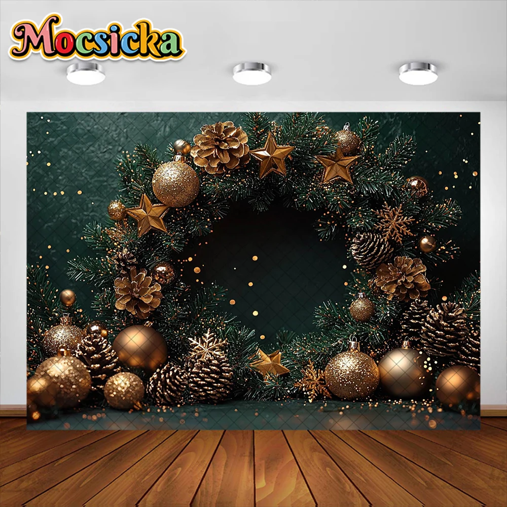 Fondo de fotografía de Navidad, corona de árbol de Navidad, suministros de decoración de estrellas doradas, fondos de retrato de foto de vacaciones para niños