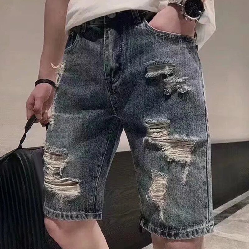 

2025 Mens Distressed Denim Shorts Summer Baggy Ripped Jeans Straight Leg Casual Loose Fit Five Inch Beach Shorts Y2K Streetwear