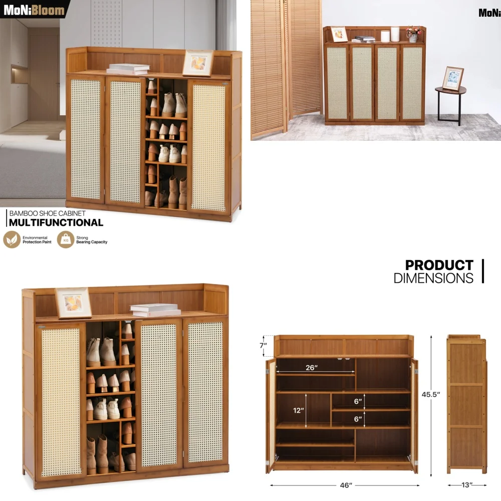 

46 Inch 7 Tier Bamboo Shoe Rack with Plastic Rattan Door Heels Storage Organizer for Closet Space Saving Modern Design