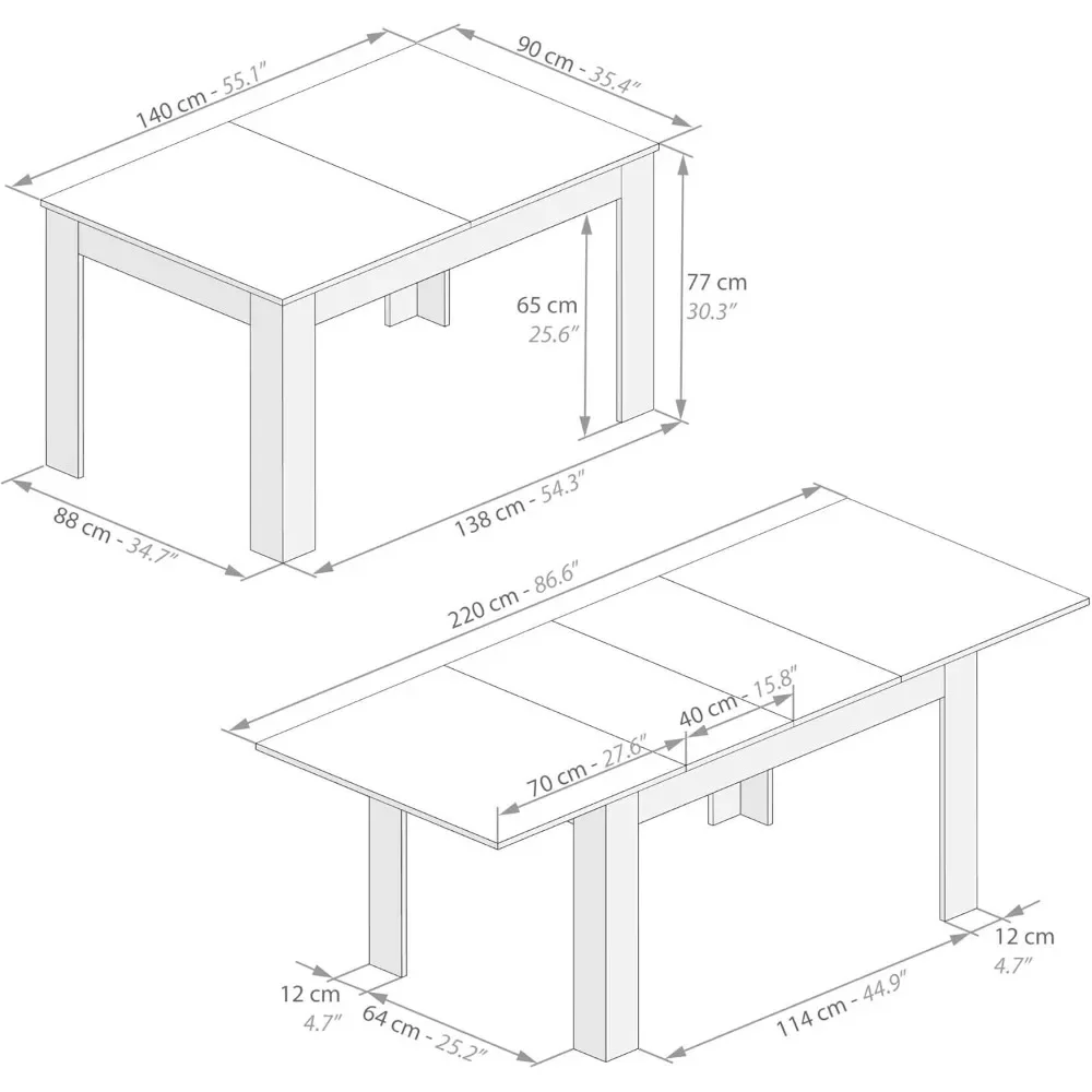 Easy, Extendable Dining Table, 55,1 x35,4 in, Walnut, for 6-10 People, Expandable Dining Table for Kitchen, Italian Furniture