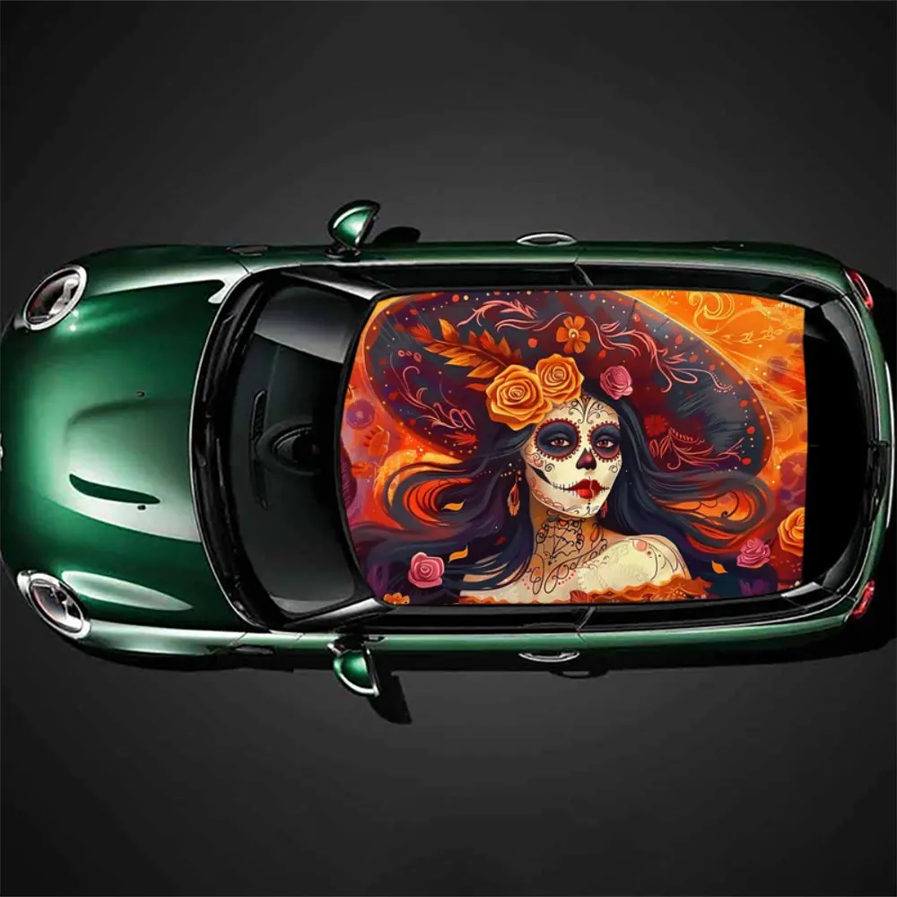 Death Skull Sugar Girl Car Roof Sticker Wrap Racing SUV Auto Accessories Packaging PVC Car Hood Graphic Decal Decoration Gift