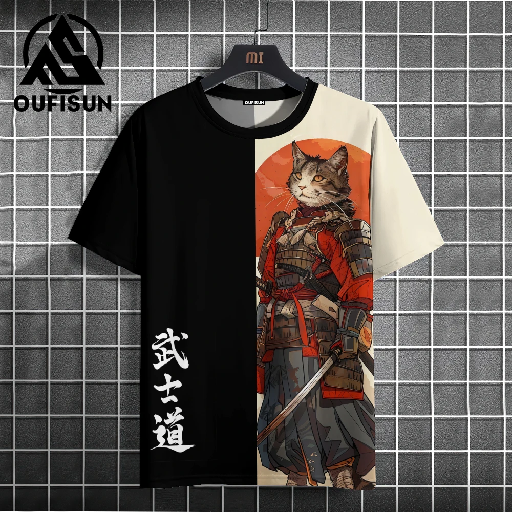 Japanese Anime Samurai Cat T-Shirt For Men 3d Animal Print Short Sleeve Tops Tees Casual T-Shirt Oversized Shirt  Men Clothing