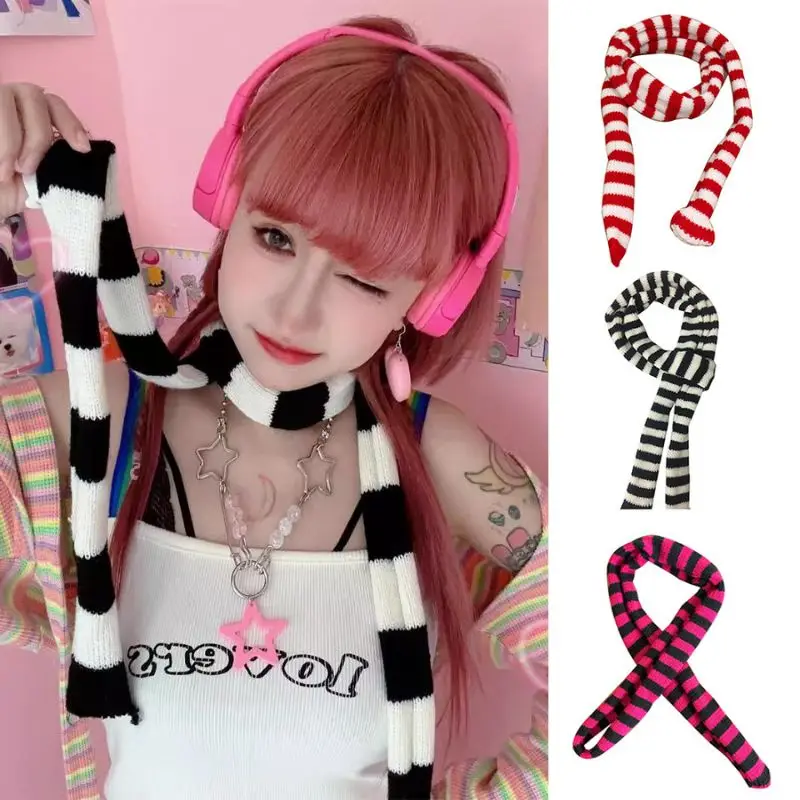 Y2K Punk Harajuku Style Black And White Striped Scarf Street Concave Knitted Slim Narrow Ribbon Casual Neckerchief Cool Scarf