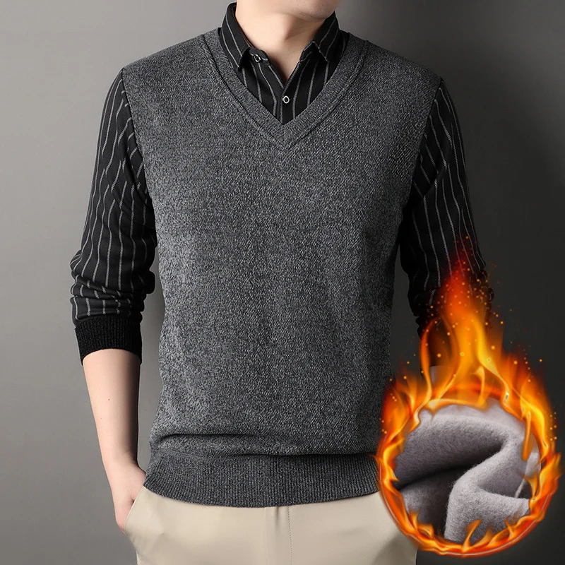 Male Fleece Pullover Men\'s Polo Collar Sweater Autumn Winter Knitwear Stripe Sweaters Thick Warm Khaki Korean Clothing