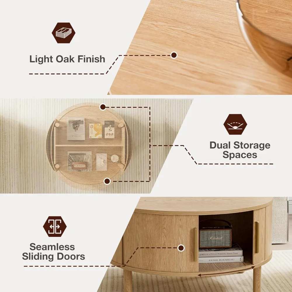 طاولة قهوة لغرفة المعيشة، طاولة قهوة مستديرة حديثة مع خزائن وأبواب منزلقة، مساحة صغيرة للمنزل، علامة تبويب مركزية مخددة 29.9 بوصة