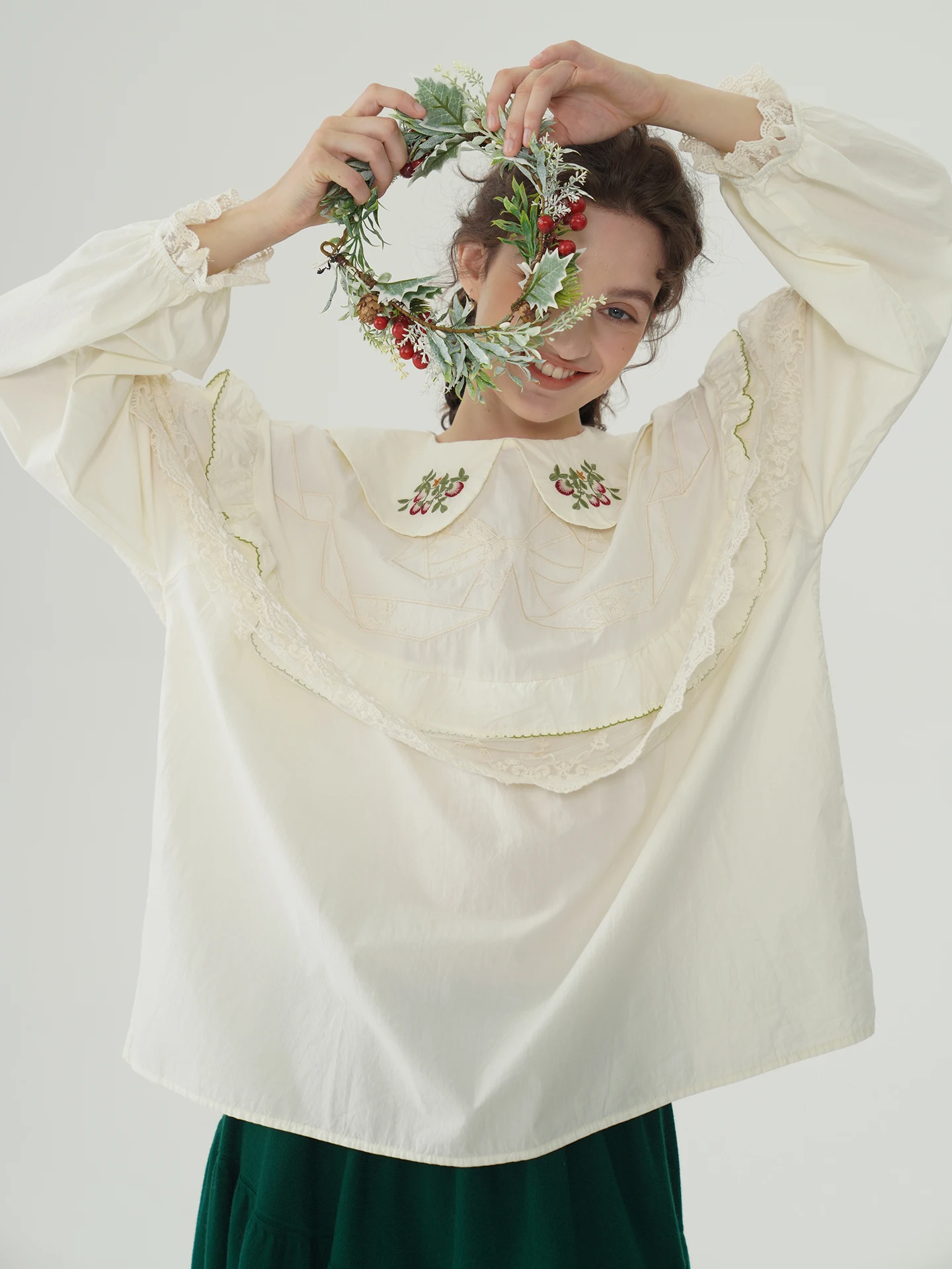 

130cm Bust Spring Fall Oversized Blouses Women Mori Grils Elegant Loose Embroidery Lace Korean Fashion Cotton And Linen Shirts