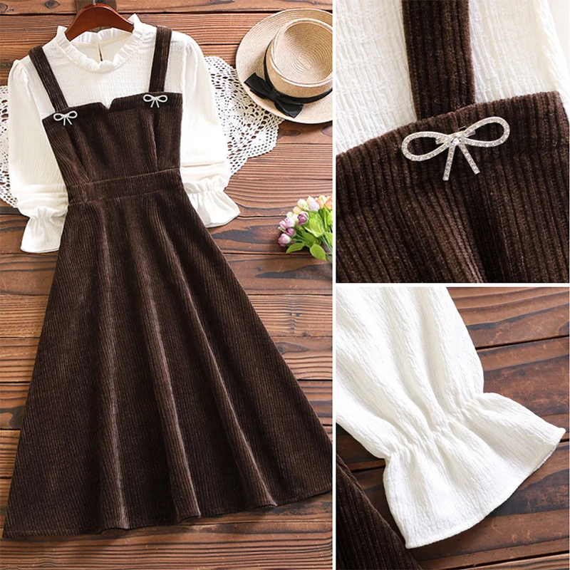 New winter fashion long sleeve women sweet vestidos Mori girl elegant corduroy dress