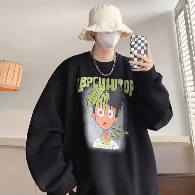 

Мужской весенне-осенний новый повседневный пуловер для тренировок, большие толстовки в стиле панк, удобный свитшот с круглым вырезом и мультяшным принтом