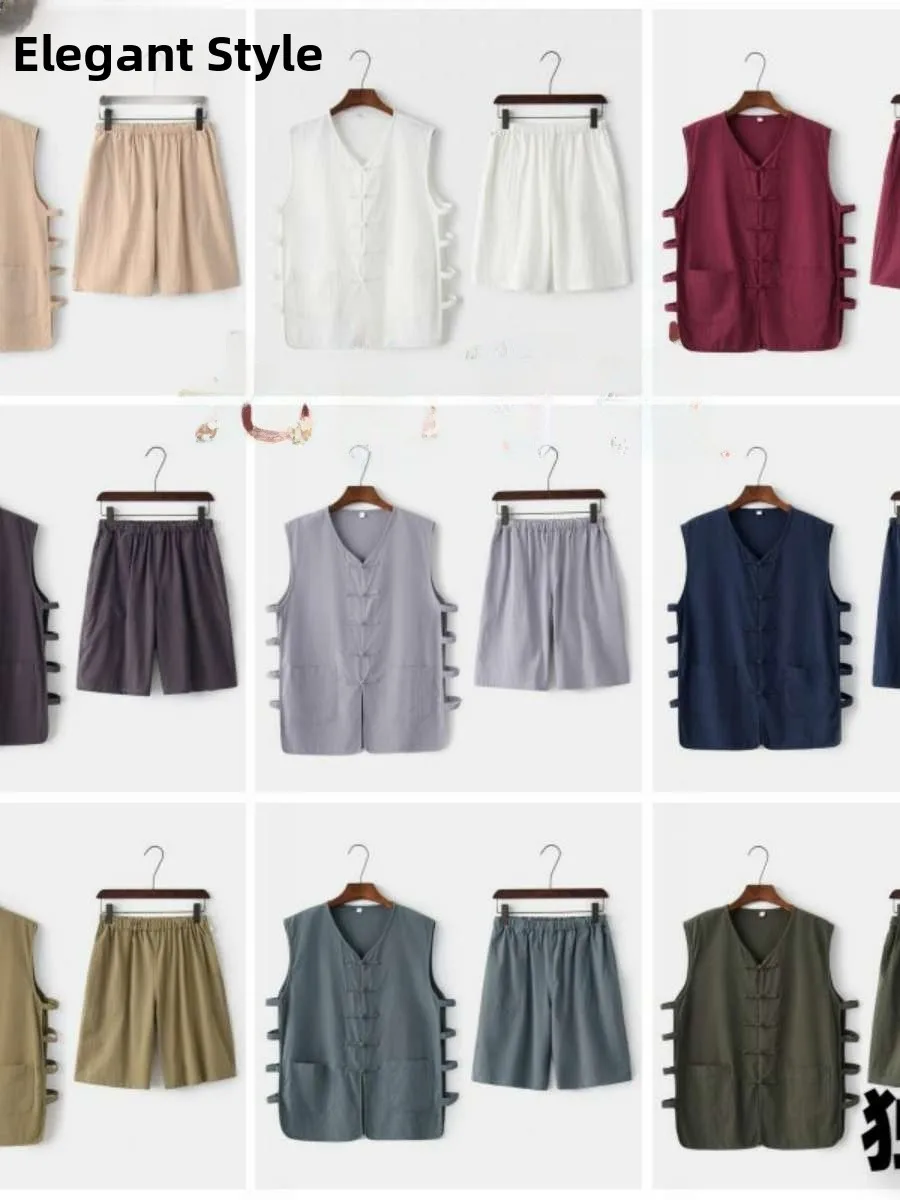 

Retro Chinese Tang Suit Men's Cotton Linen Vest Set Summer Chinese Style Elderly Men's Clothing Short Pants No Sleeve Top