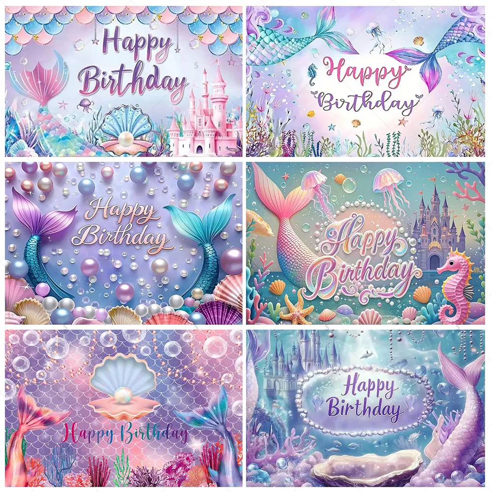 

Colorful Mermaid Princess Girl Birthday Party Backdrop Supplies for Photo Underwater World Background Baby Shower Banner Props
