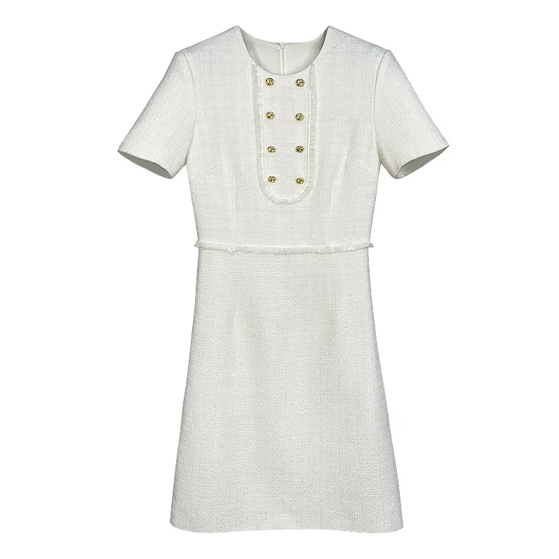 

Women French Tweed Simple Elegant White Dress Summer Tassel Chic Vintage Korea Office Sweet Short Sleeves Dresses Vestidos Mujer