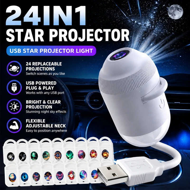 USB Starry Sky Projector Night Light for Car Home Romantic Galaxy Atmosphere Lamp USB Ambient Light for Bedroom Vehicle Travel