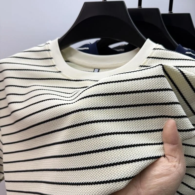 New Summer Fashion Trendy Crew Neck Striped Short Sleeve T-Shirt Men's Casual Loose Sports Breathable High Quality Plus Size Top